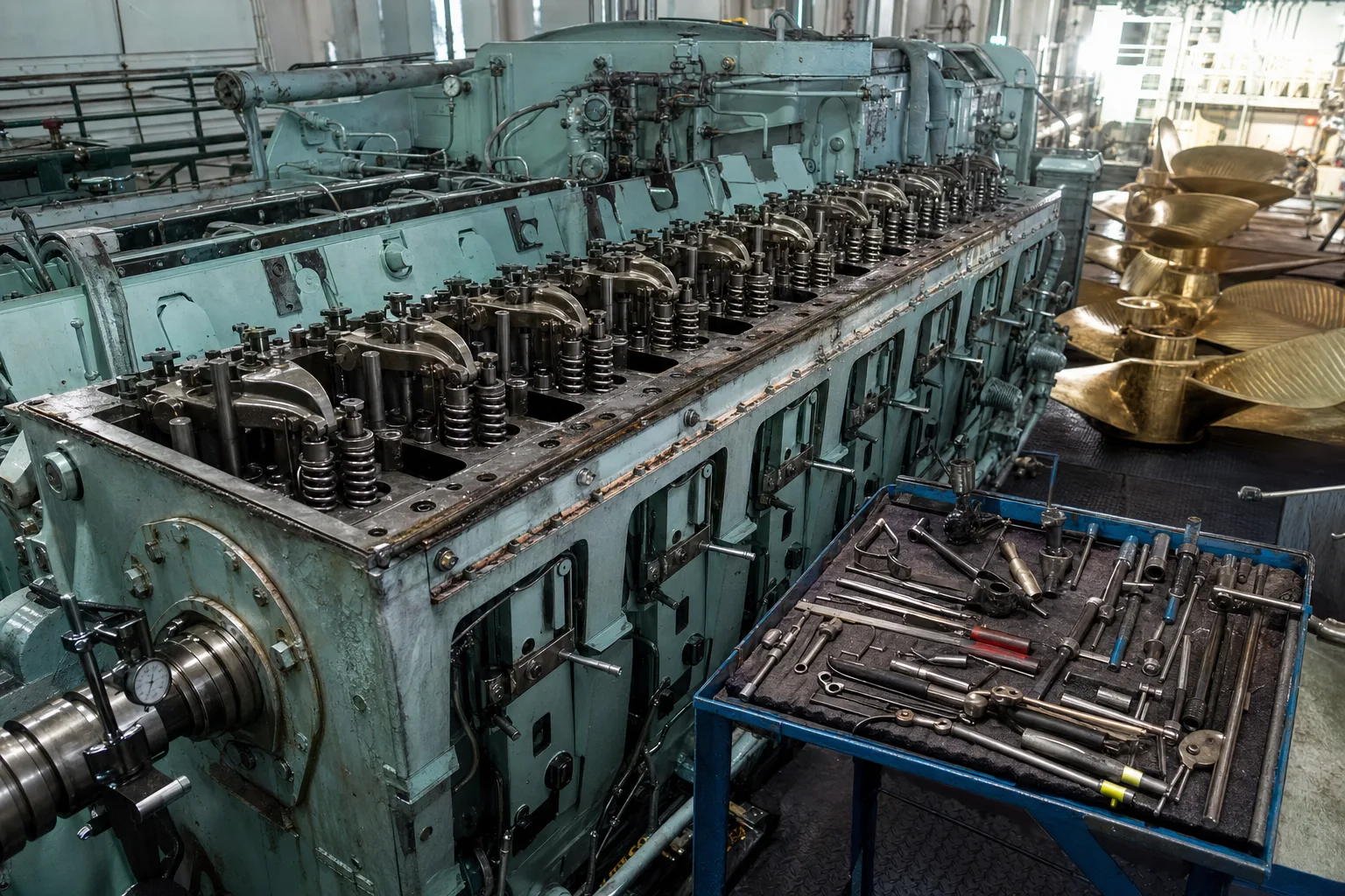 A large marine diesel engine opened for overhaul in a bright workshop